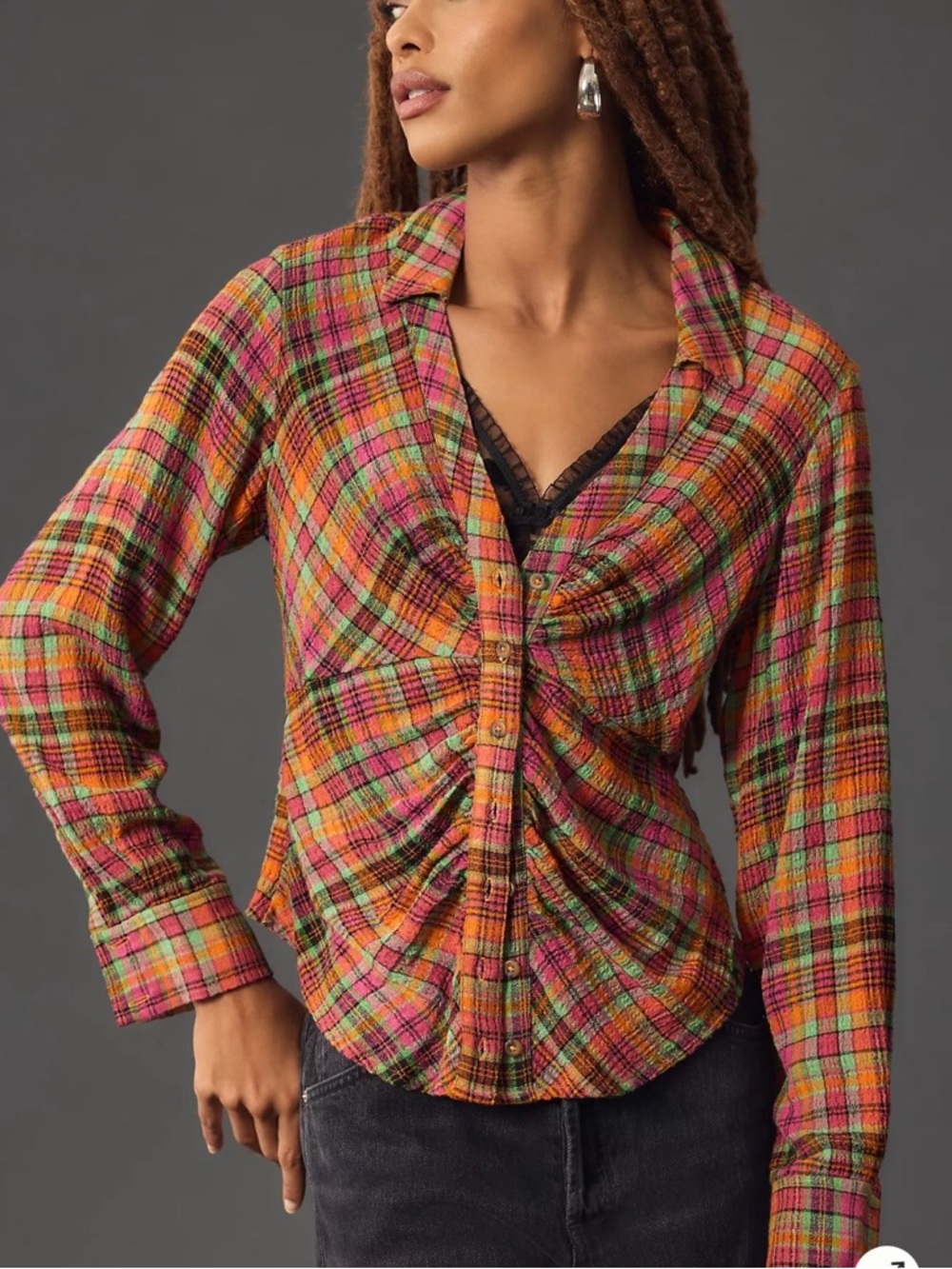 Pilcro Ruched Deep V-Neck Flannel Shirt Womens XS Pink Orange Green Plaid Anthro